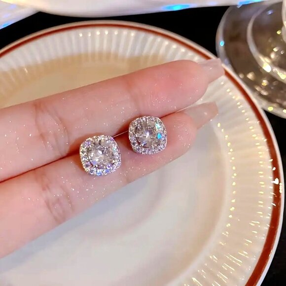 Square Halo Cubic Zirconia Stud Earrings‎ - Picture 3 of 3